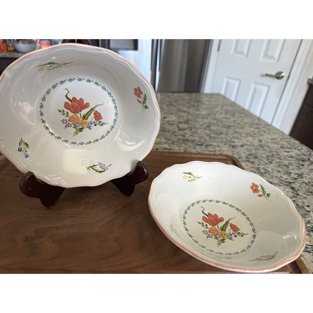 SANGO COUNTRY FRENCH DIJON COUPE BOWL 6 7/8" RED YELLOW BLUE FLOWERS Set Of 2